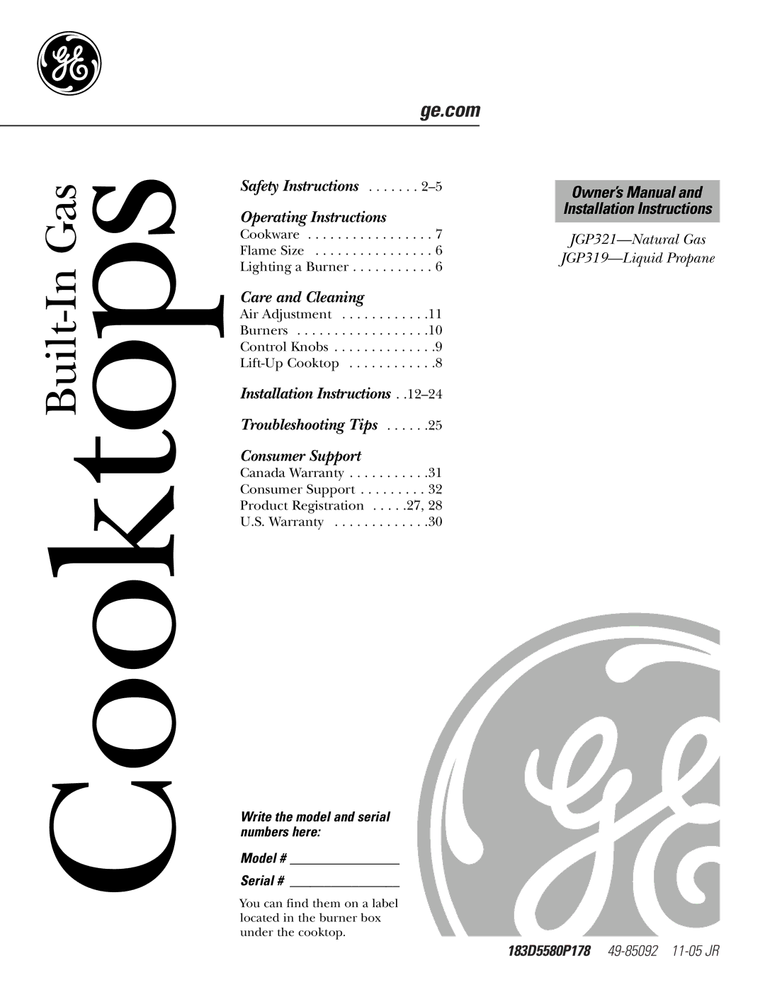 GE JGP321, JGP319 owner manual CooktopsBuilt-In Gas 