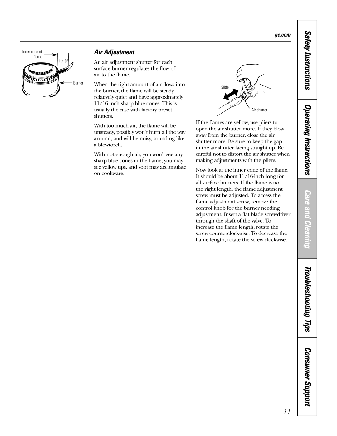 GE JGP321, JGP319 owner manual Air Adjustment, Instructions Operating 