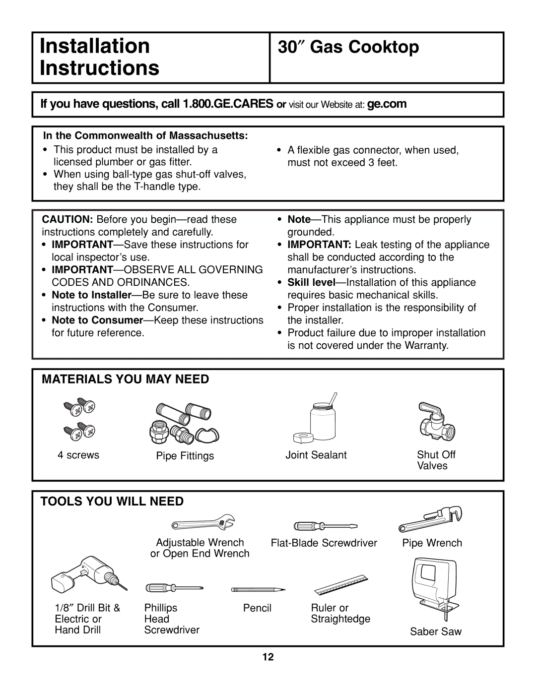 GE JGP319, JGP321 owner manual Installation Instructions 