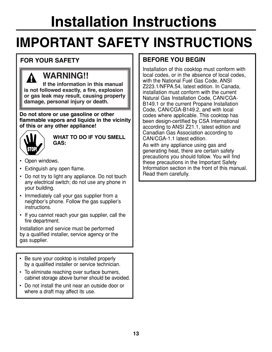 GE JGP321, JGP319 owner manual Installation Instructions 