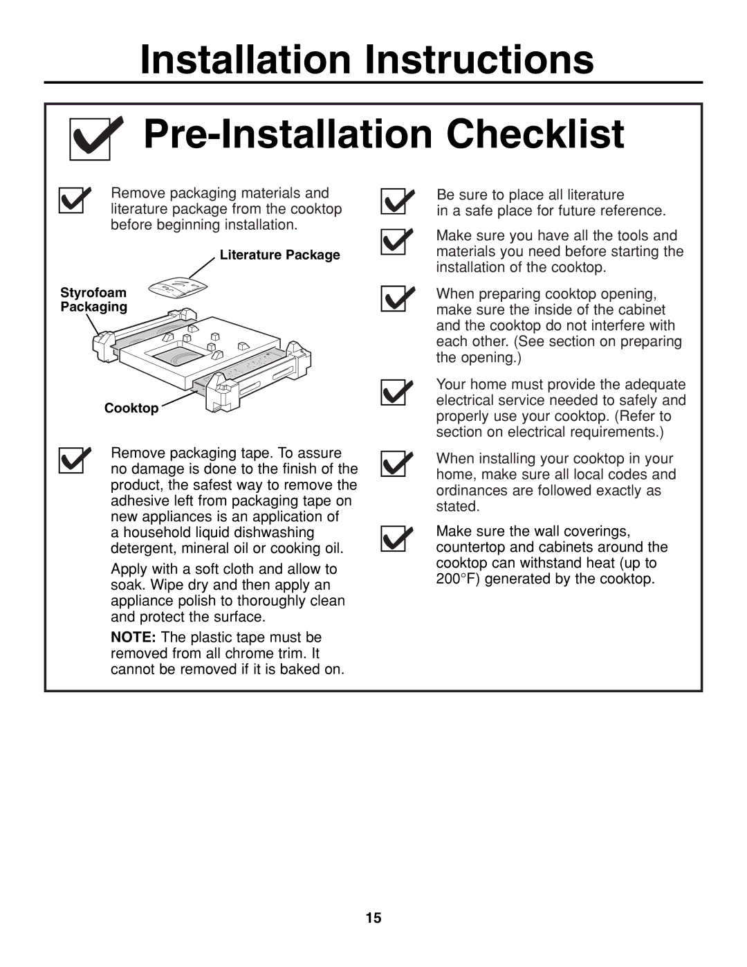 GE JGP321, JGP319 owner manual Installation Instructions Pre-Installation Checklist 