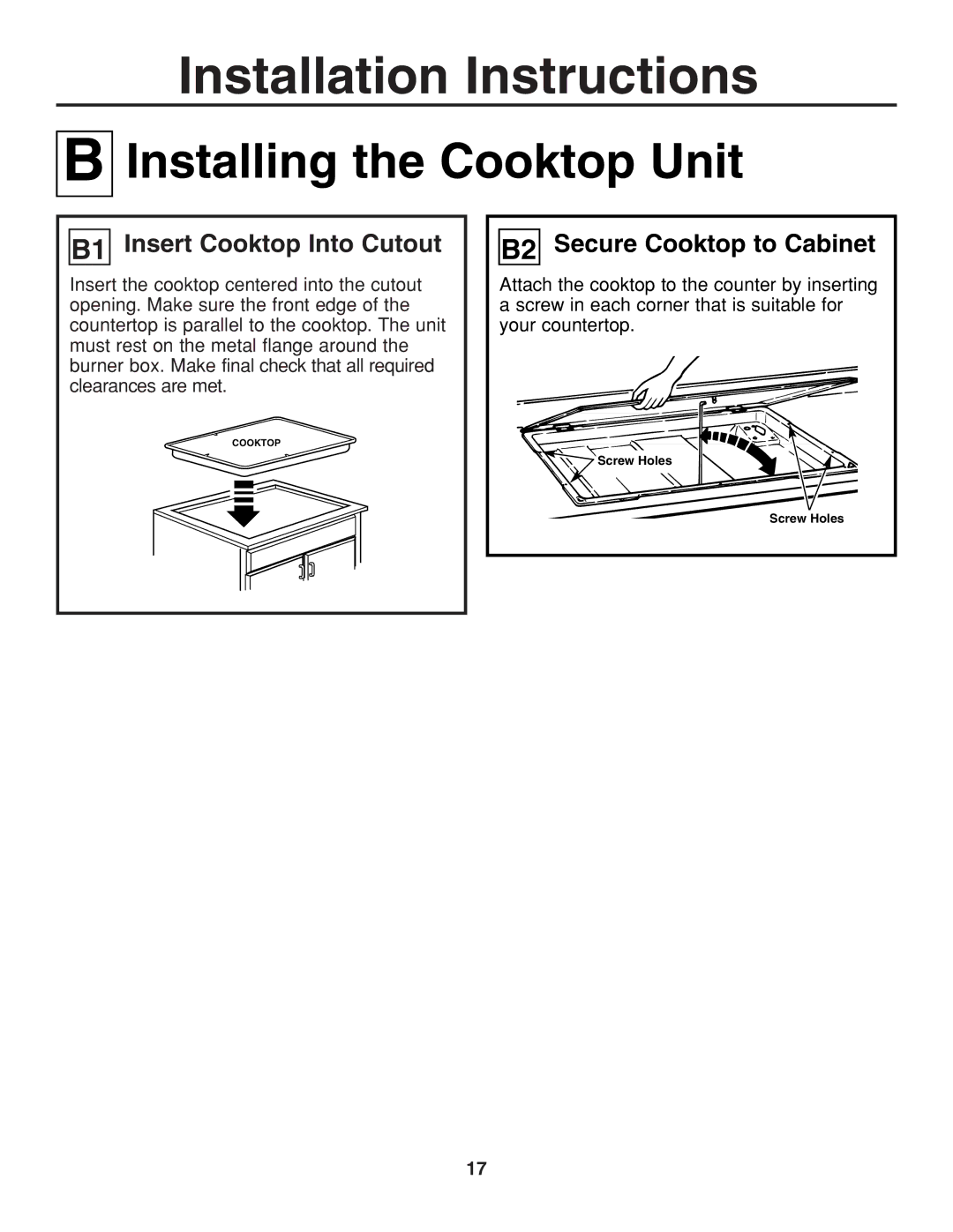 GE JGP321, JGP319 owner manual B1 Insert Cooktop Into Cutout, B2 Secure Cooktop to Cabinet 