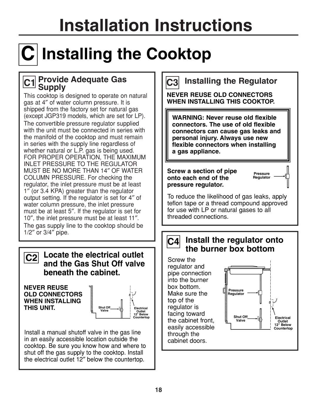 GE JGP319 C1 ProvideSupply Adequate Gas, C3 Installing the Regulator, C4 Install the regulator onto the burner box bottom 