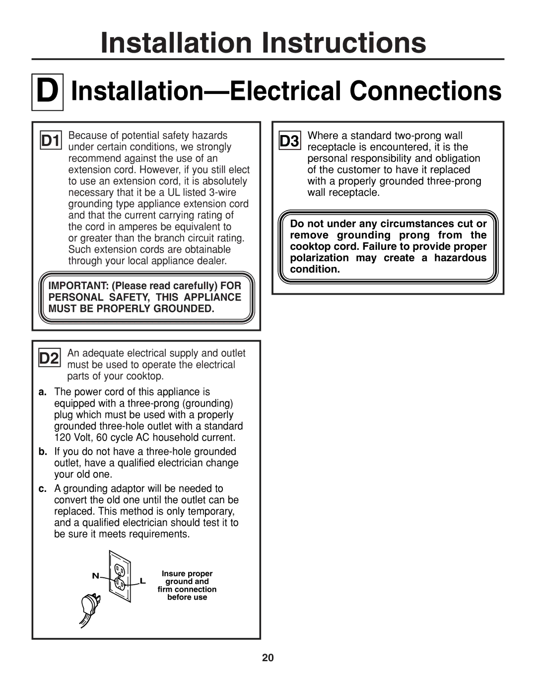 GE JGP319, JGP321 owner manual Installation-Electrical Connections 