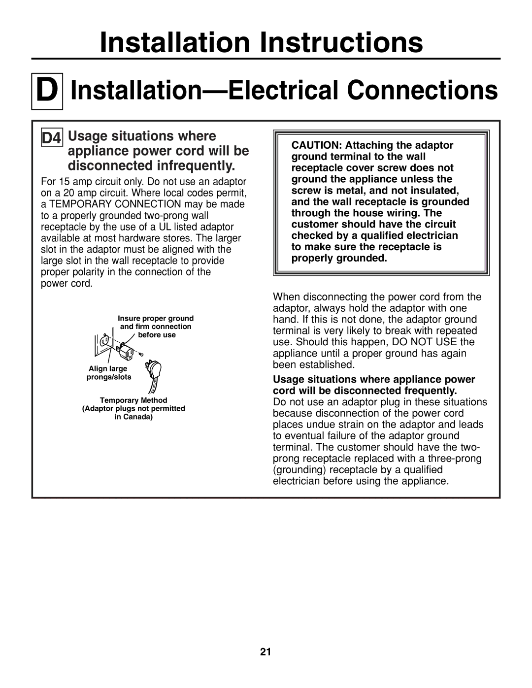 GE JGP321, JGP319 owner manual Insure proper ground and firm connection before use 