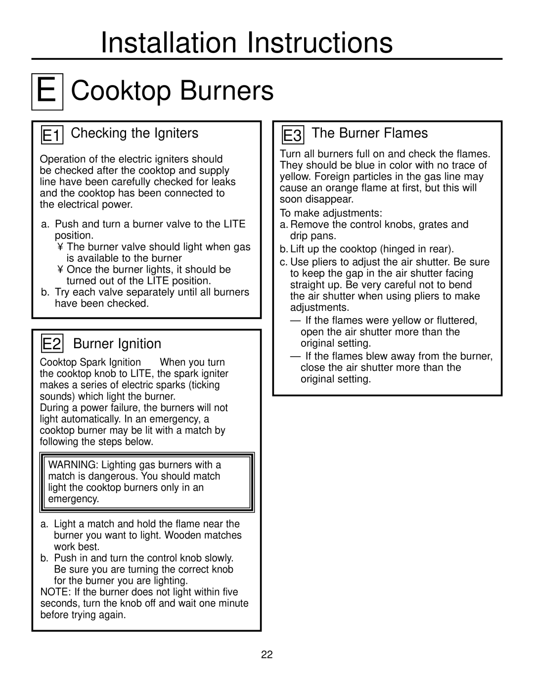 GE JGP319, JGP321 owner manual E1 Checking the Igniters, E2 Burner Ignition, E3 The Burner Flames 