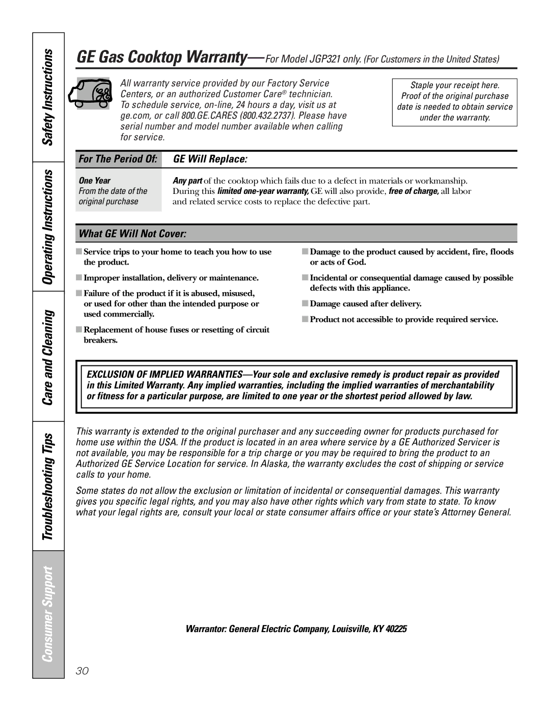 GE JGP319, JGP321 owner manual GE Will Replace, What GE Will Not Cover, One Year 