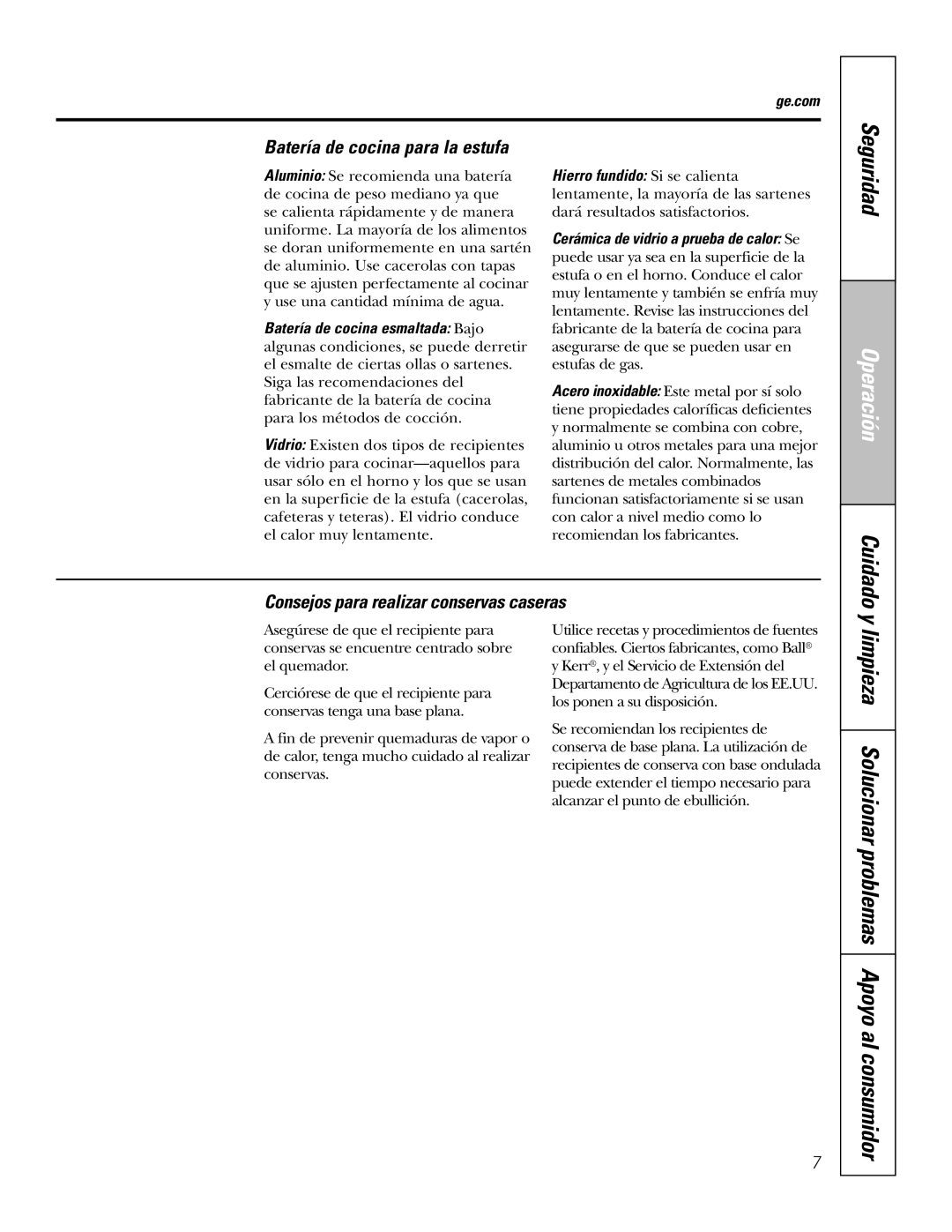 GE JGP321, JGP319 owner manual Batería de cocina para la estufa, Consejos para realizar conservas caseras, Cuidado 