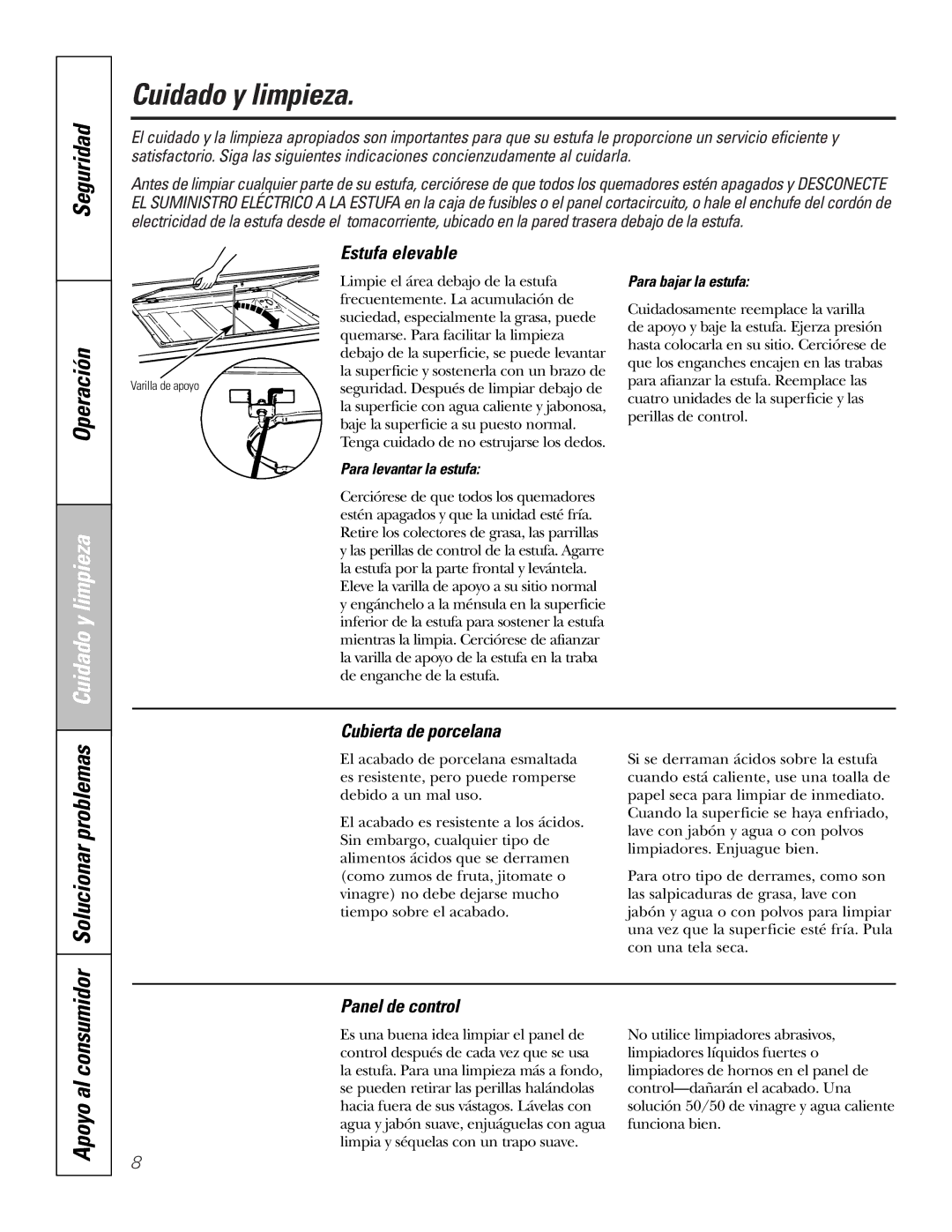 GE JGP319, JGP321 owner manual Cuidado y limpieza, Estufa elevable, Cubierta de porcelana, Panel de control 