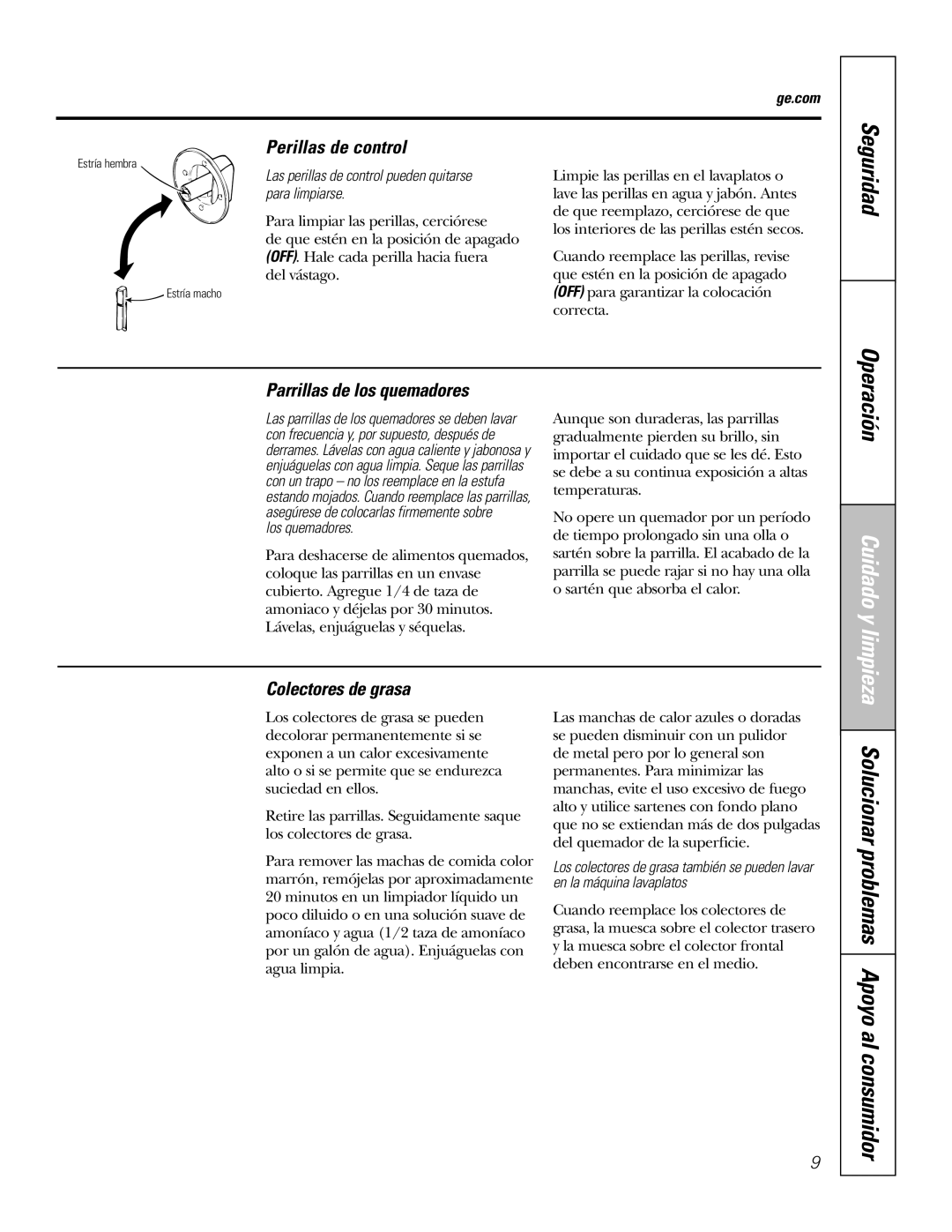 GE JGP321, JGP319 owner manual Perillas de control, Parrillas de los quemadores, Colectores de grasa 