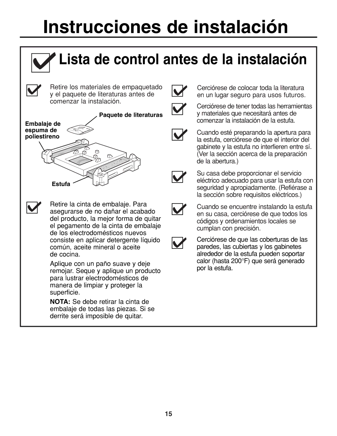 GE JGP321, JGP319 owner manual Lista de control antes de la instalación 