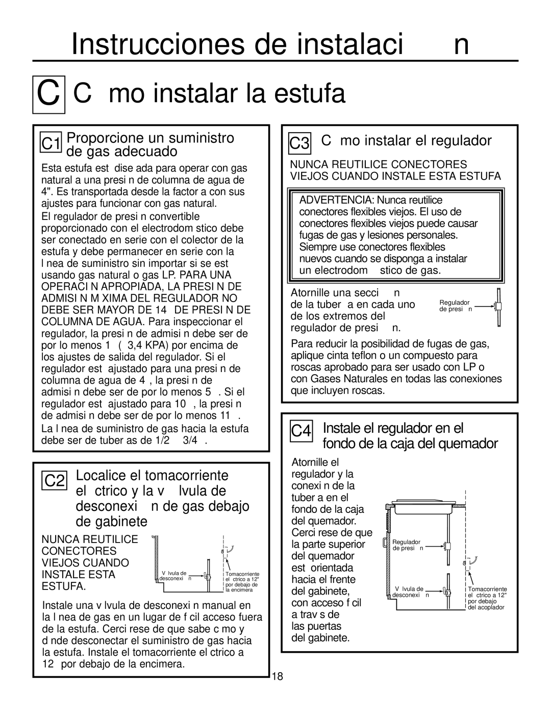 GE JGP319, JGP321 owner manual C1 Proporcione un suministro de gas adecuado, C3 Cómo instalar el regulador 