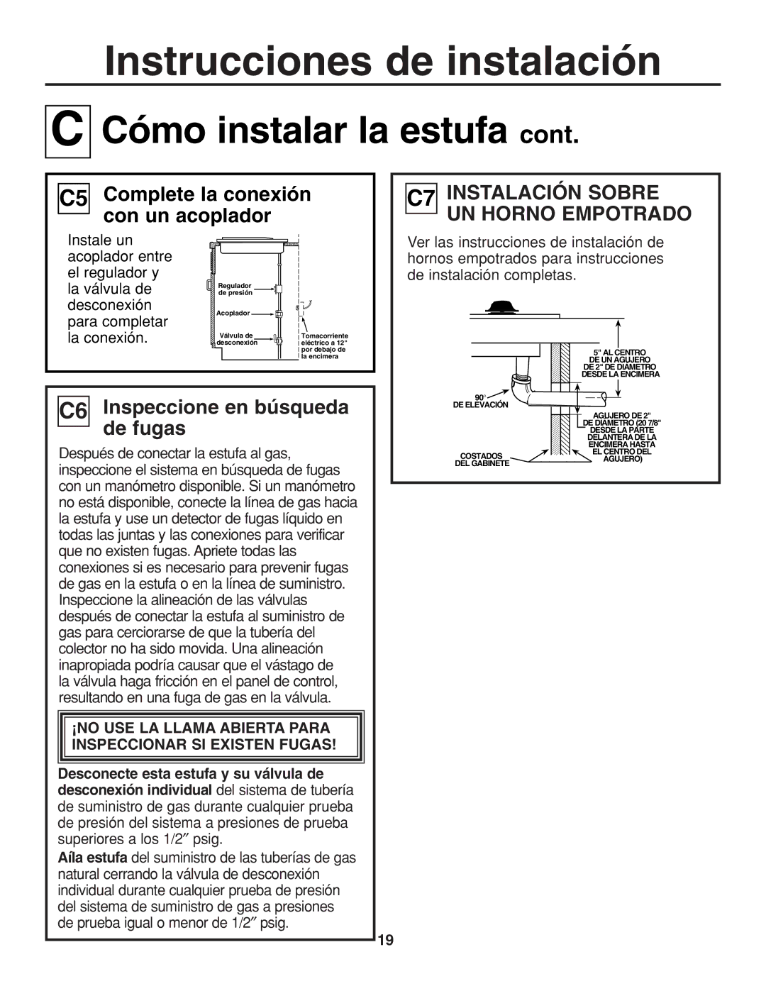 GE JGP321, JGP319 owner manual C5 Complete la conexión con un acoplador, C6 Inspeccione en búsqueda de fugas 