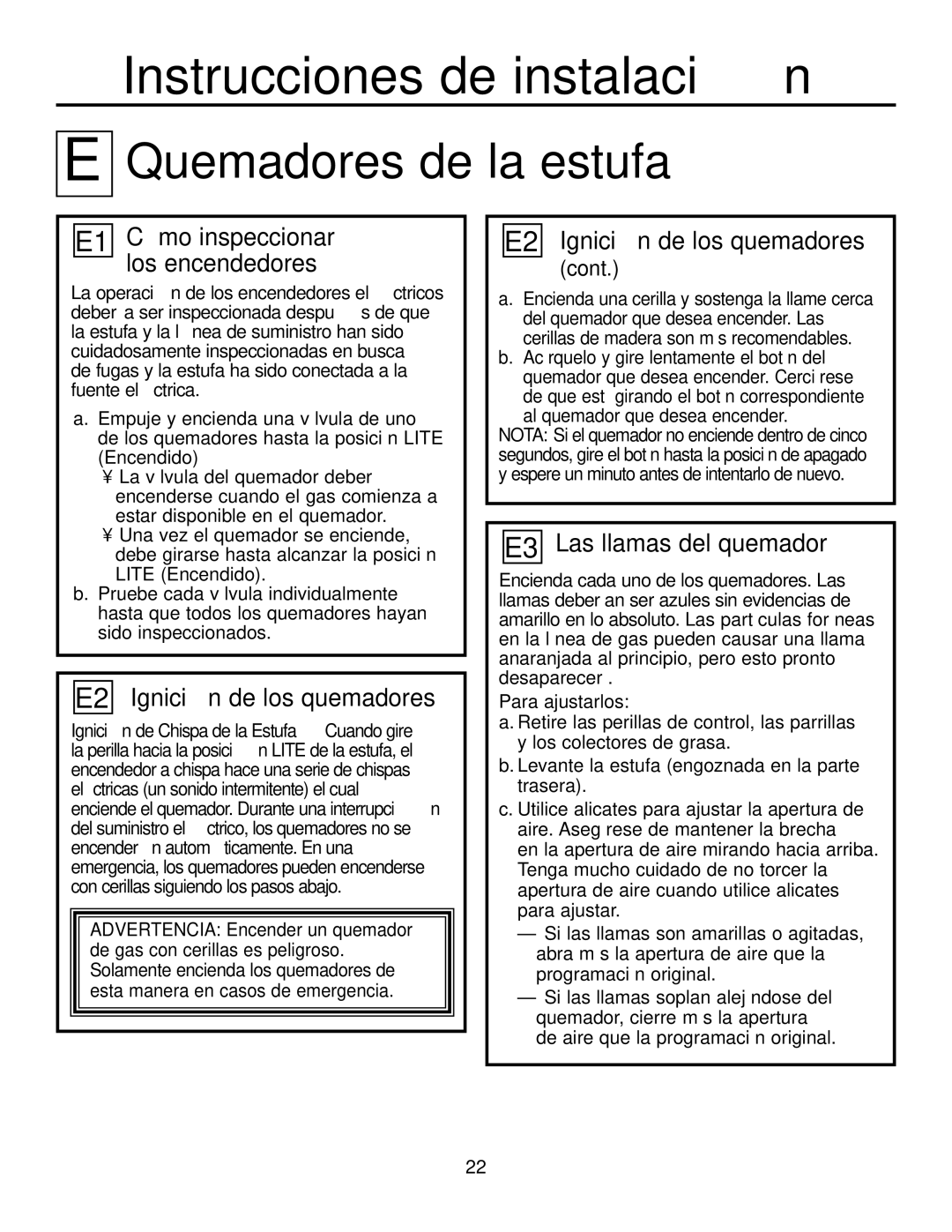 GE JGP319, JGP321 E1 Cómo inspeccionar los encendedores, E2 Ignición de los quemadores, E3 Las llamas del quemador 