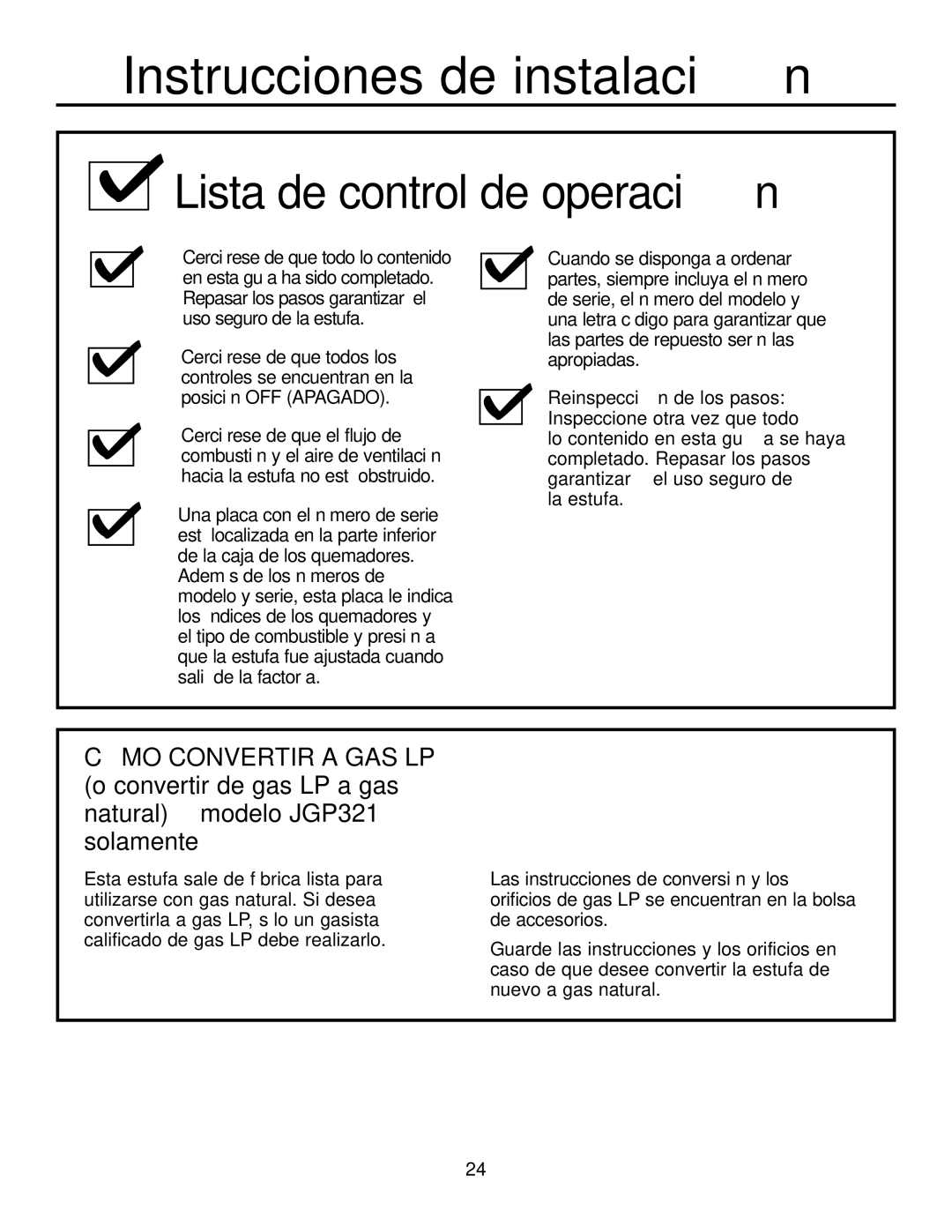 GE JGP319, JGP321 owner manual Lista de control de operación 