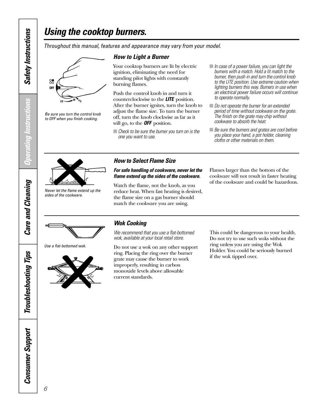 GE JGP319, JGP321 owner manual Using the cooktop burners, How to Light a Burner, How to Select Flame Size, Wok Cooking 