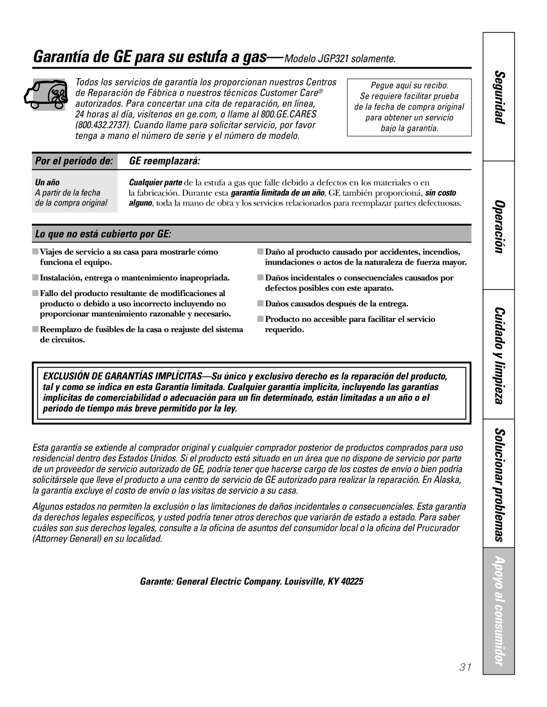 GE JGP319 Garantía de GE para su estufa a gas-Modelo JGP321 solamente, GE reemplazará, Lo que no está cubierto por GE 