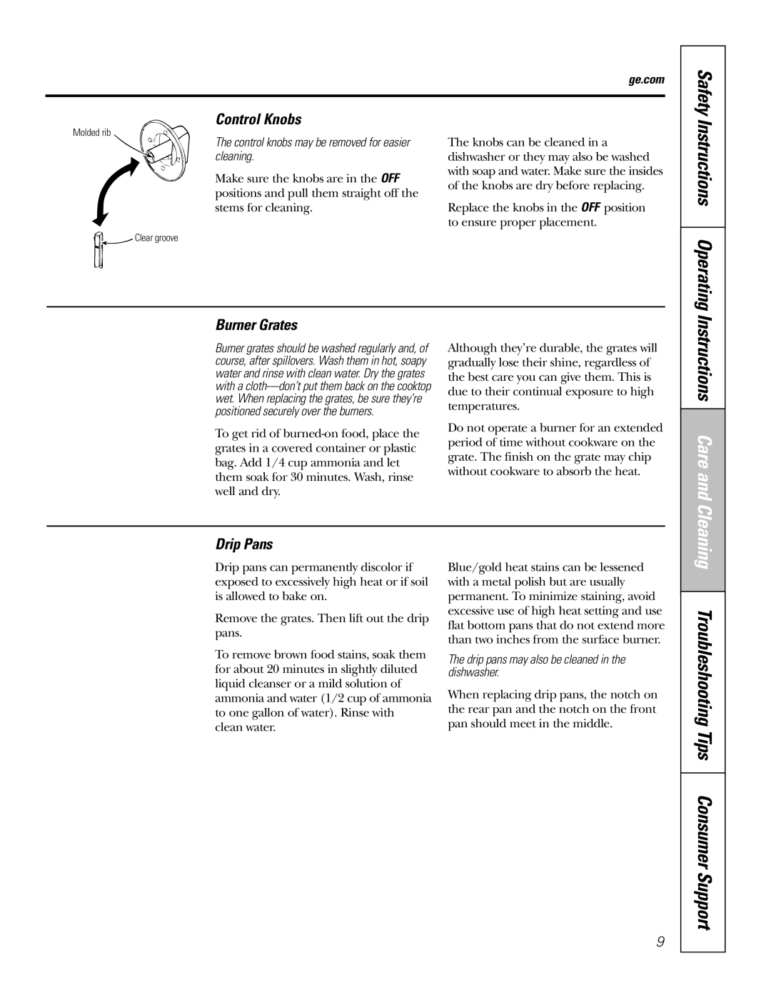 GE JGP321, JGP319 owner manual Control Knobs, Burner Grates, Drip Pans 
