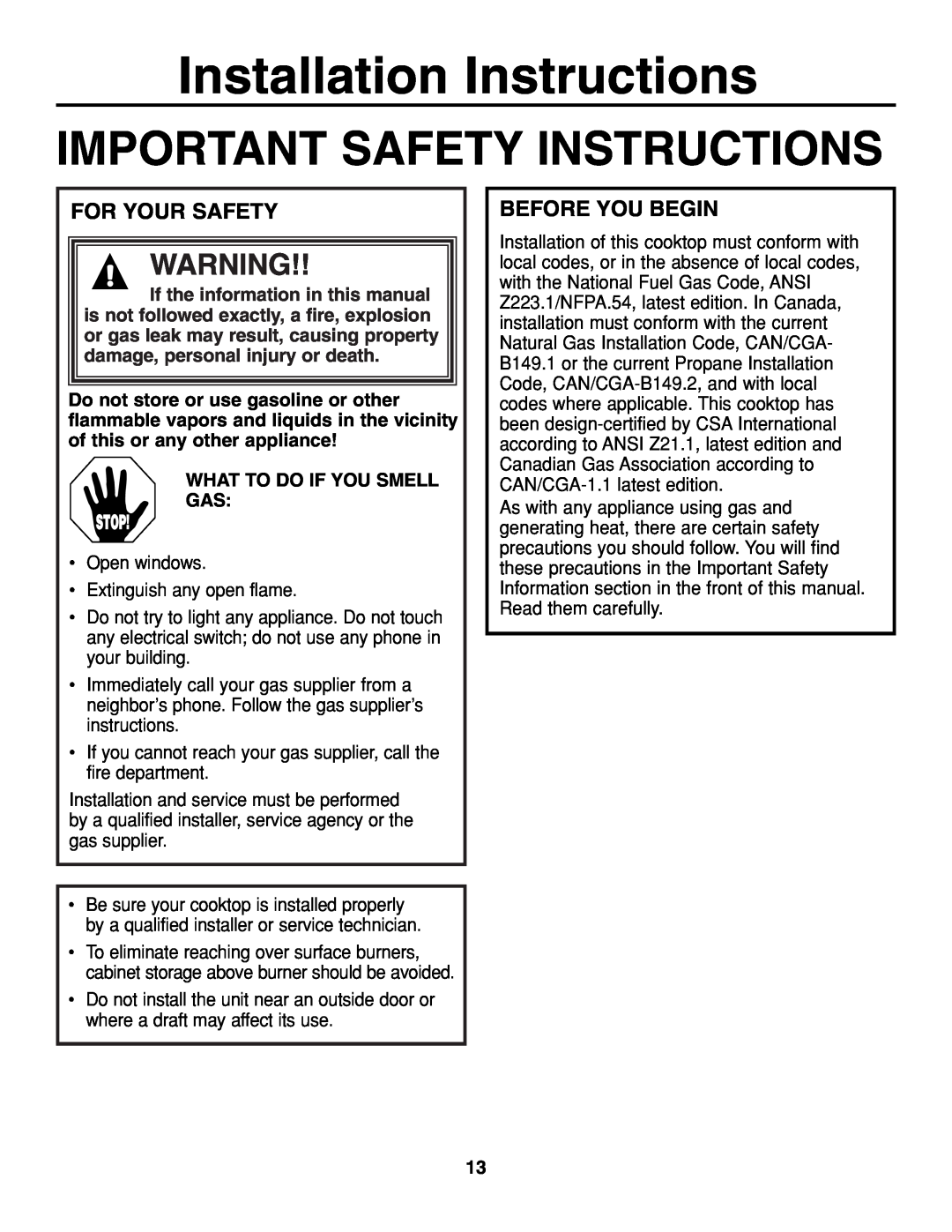 GE JGP321, JGP319 Installation Instructions, Important Safety Instructions, For Your Safety, Before You Begin, Stop 
