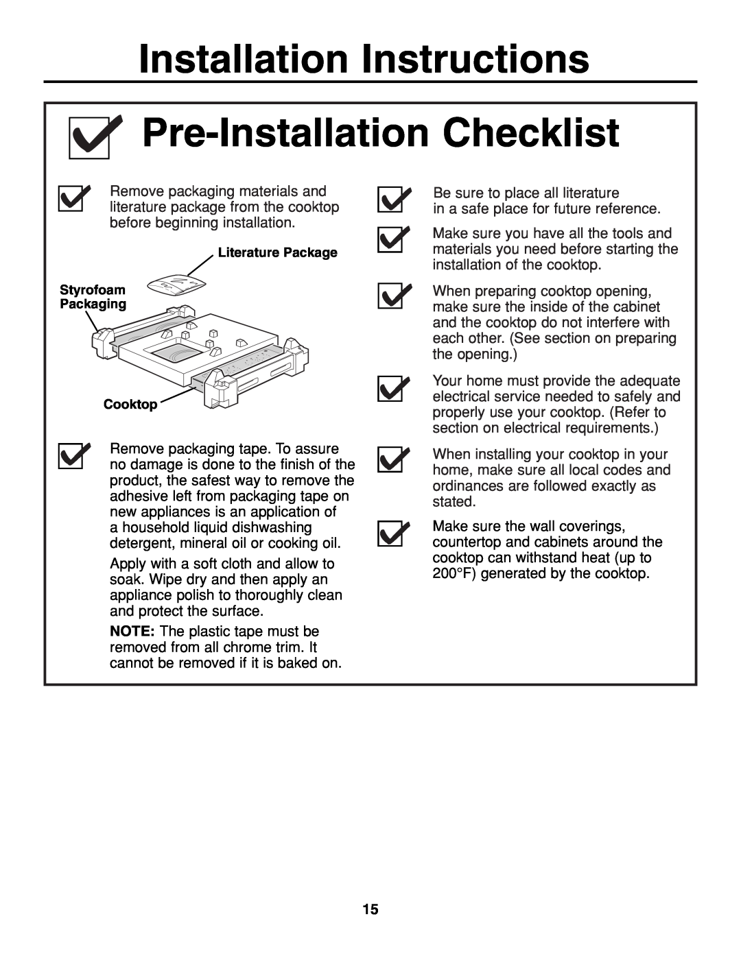 GE JGP321, JGP319 owner manual Pre-InstallationChecklist, Installation Instructions 