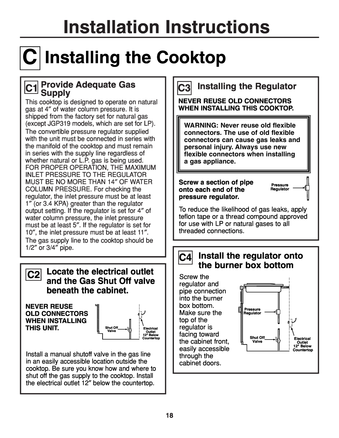 GE JGP319 CInstalling the Cooktop, C1 ProvideSupply Adequate Gas, C3 Installing the Regulator, Installation Instructions 