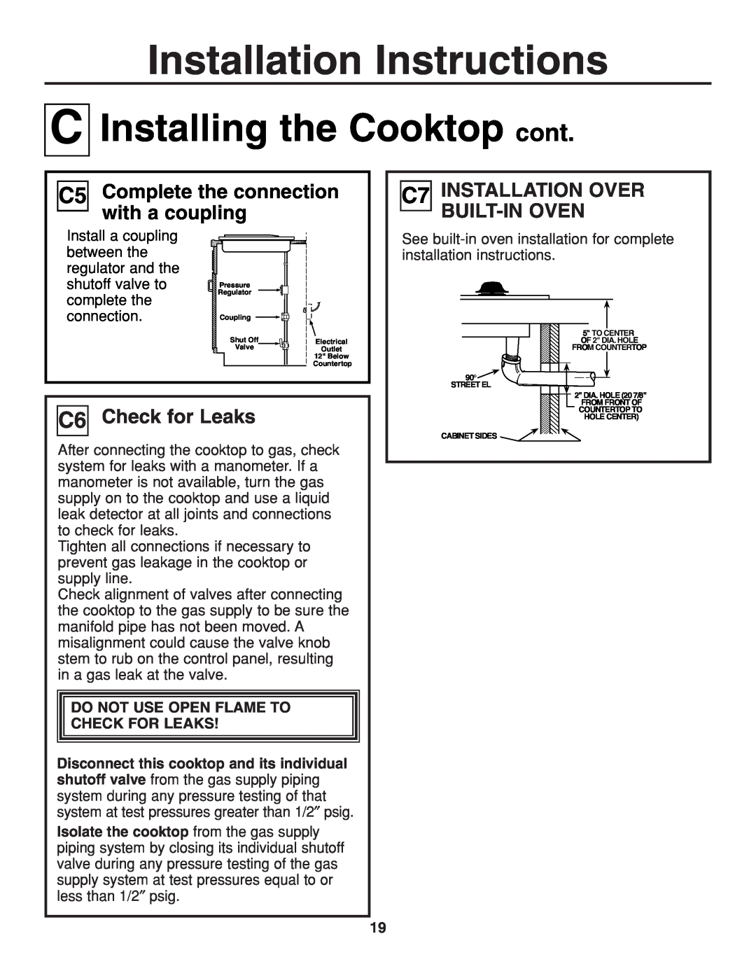 GE JGP321 Installing the Cooktop cont, C5 Complete the connection with a coupling, C7 INSTALLATION OVER BUILT-INOVEN 