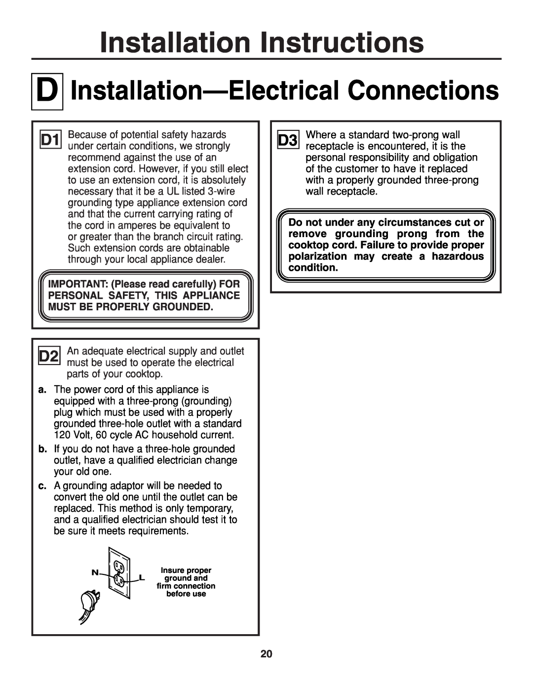 GE JGP319, JGP321 owner manual Installation-ElectricalConnections, Installation Instructions 