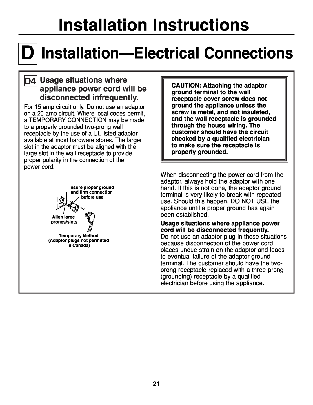 GE JGP321, JGP319 owner manual Installation Instructions, Installation-ElectricalConnections 