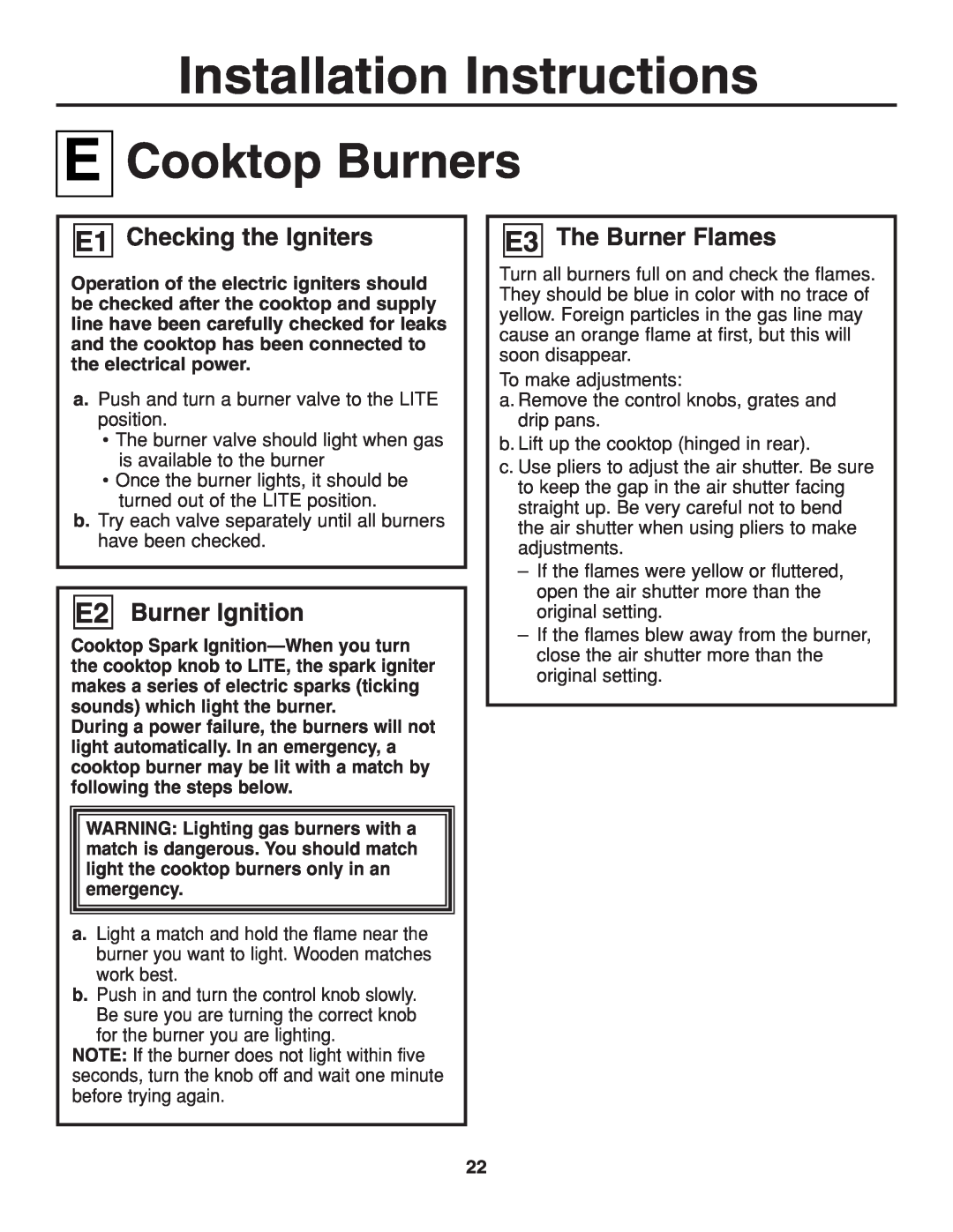 GE JGP319 Cooktop Burners, E1 Checking the Igniters, E2 Burner Ignition, E3 The Burner Flames, Installation Instructions 