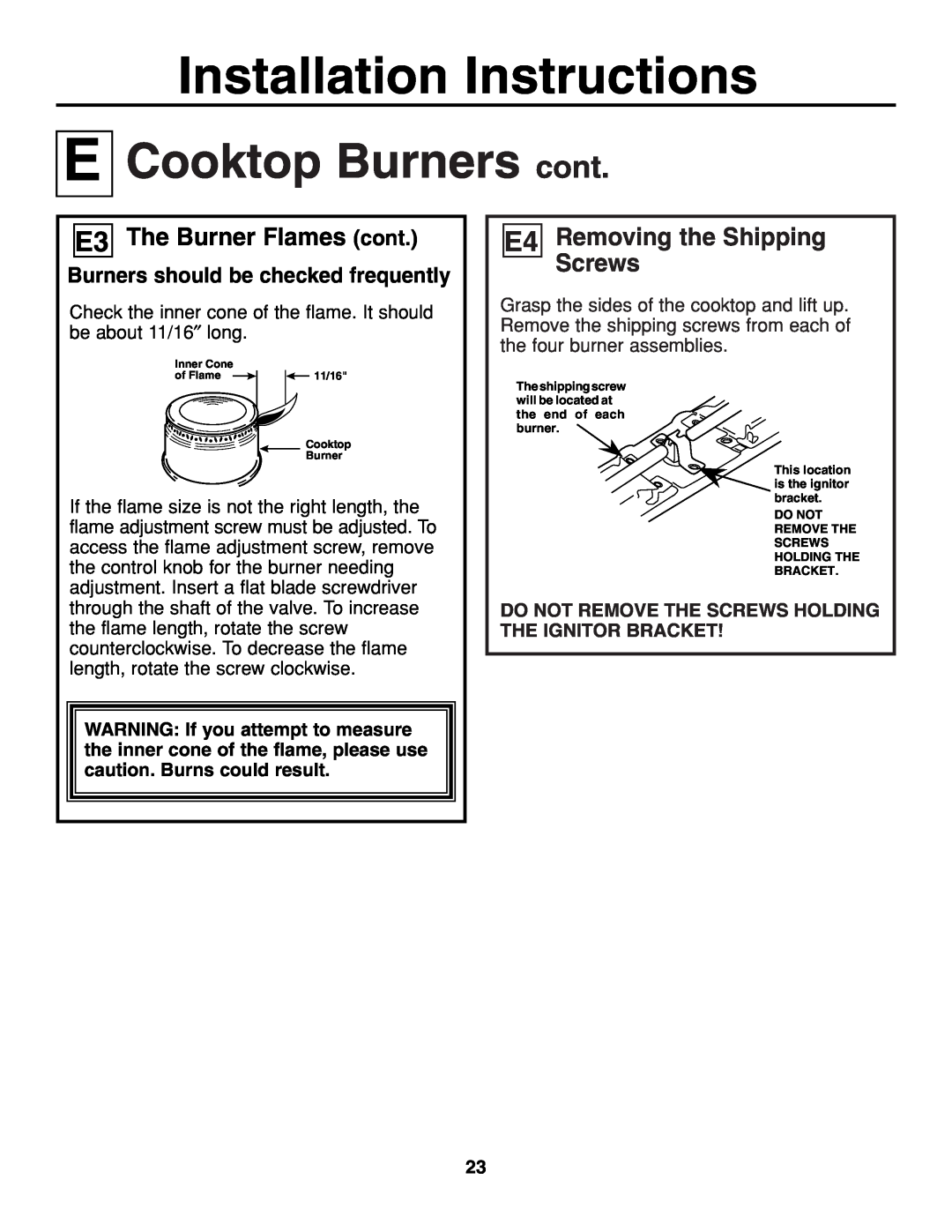 GE JGP321 Cooktop Burners cont, E3 The Burner Flames cont, E4 Removing the Shipping Screws, Installation Instructions 