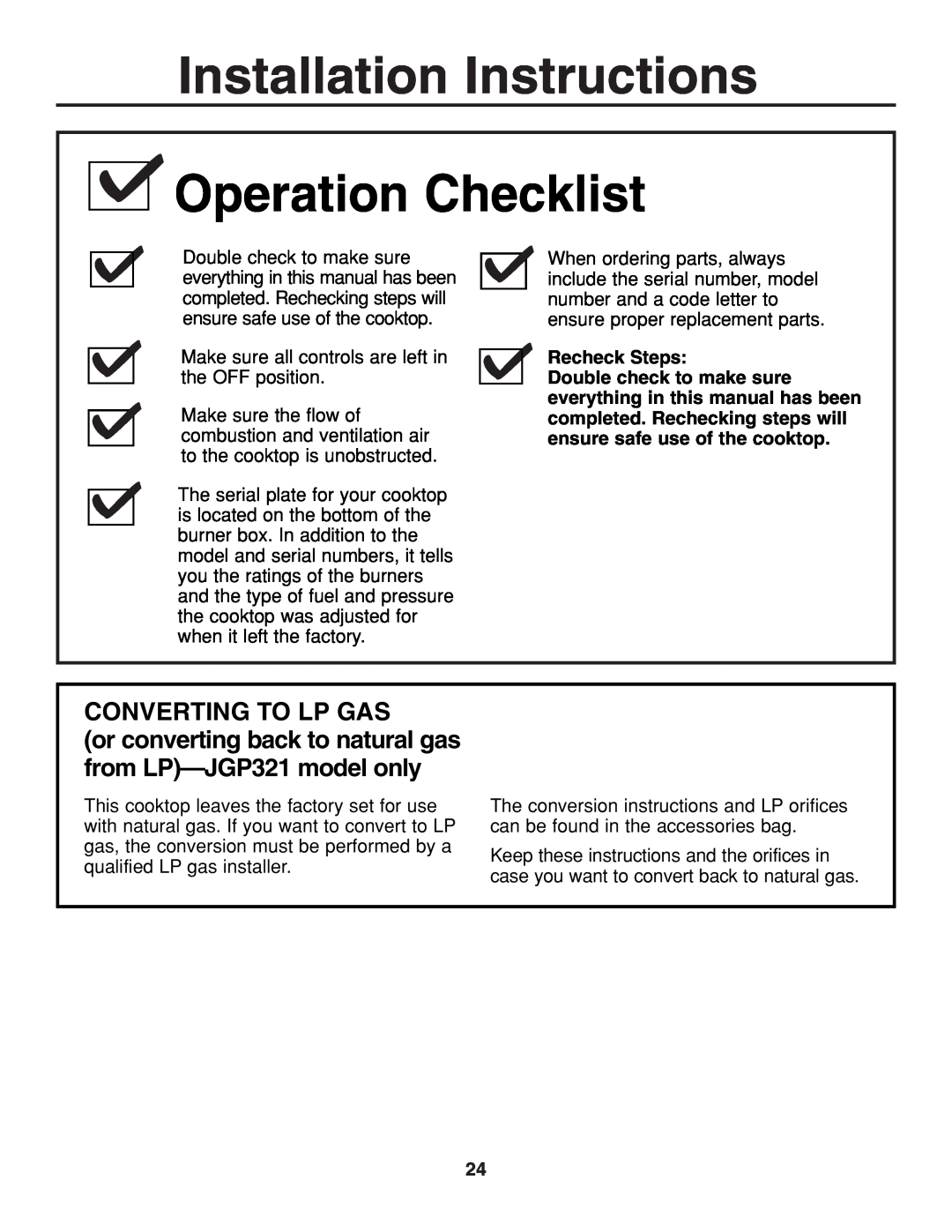 GE JGP319, JGP321 owner manual Installation Instructions Operation Checklist, Converting To Lp Gas 