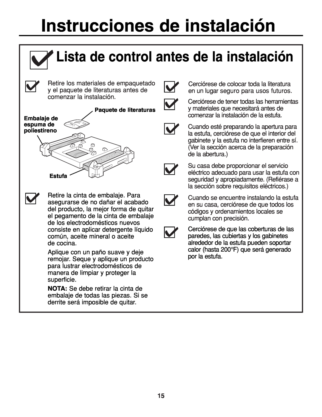 GE JGP321, JGP319 owner manual Instrucciones de instalación, Lista de control antes de la instalación 