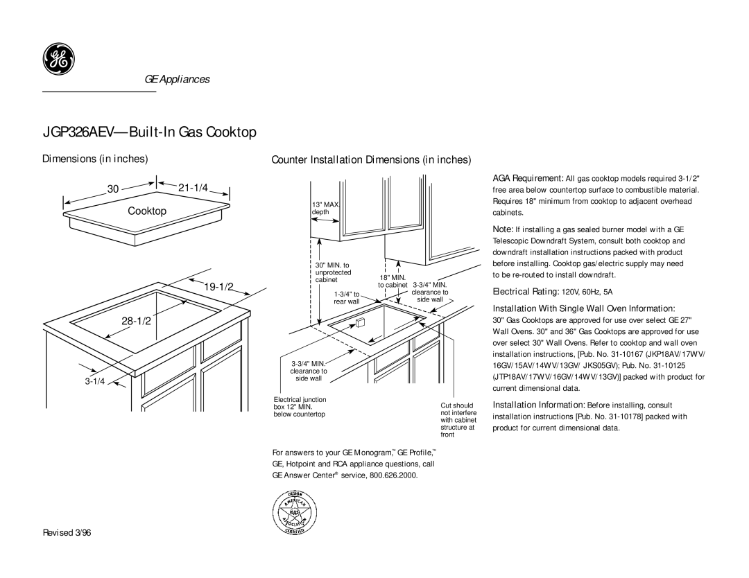 GE dimensions JGP326AEV-Built-In Gas Cooktop, 21-1/4, Counter Installation Dimensions in inches 