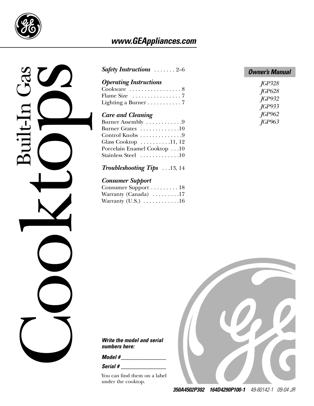 GE JGP628, JGP328, JGP962, JGP933, JGP963, JGP932 owner manual CooktopsBuilt-In Gas 