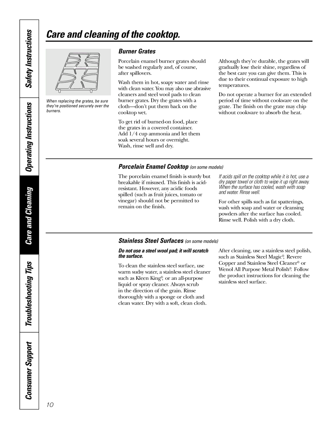 GE JGP963, JGP328, JGP628, JGP962, JGP933 Operating Instructions Safety, Consumer Support Troubleshooting Tips, Burner Grates 