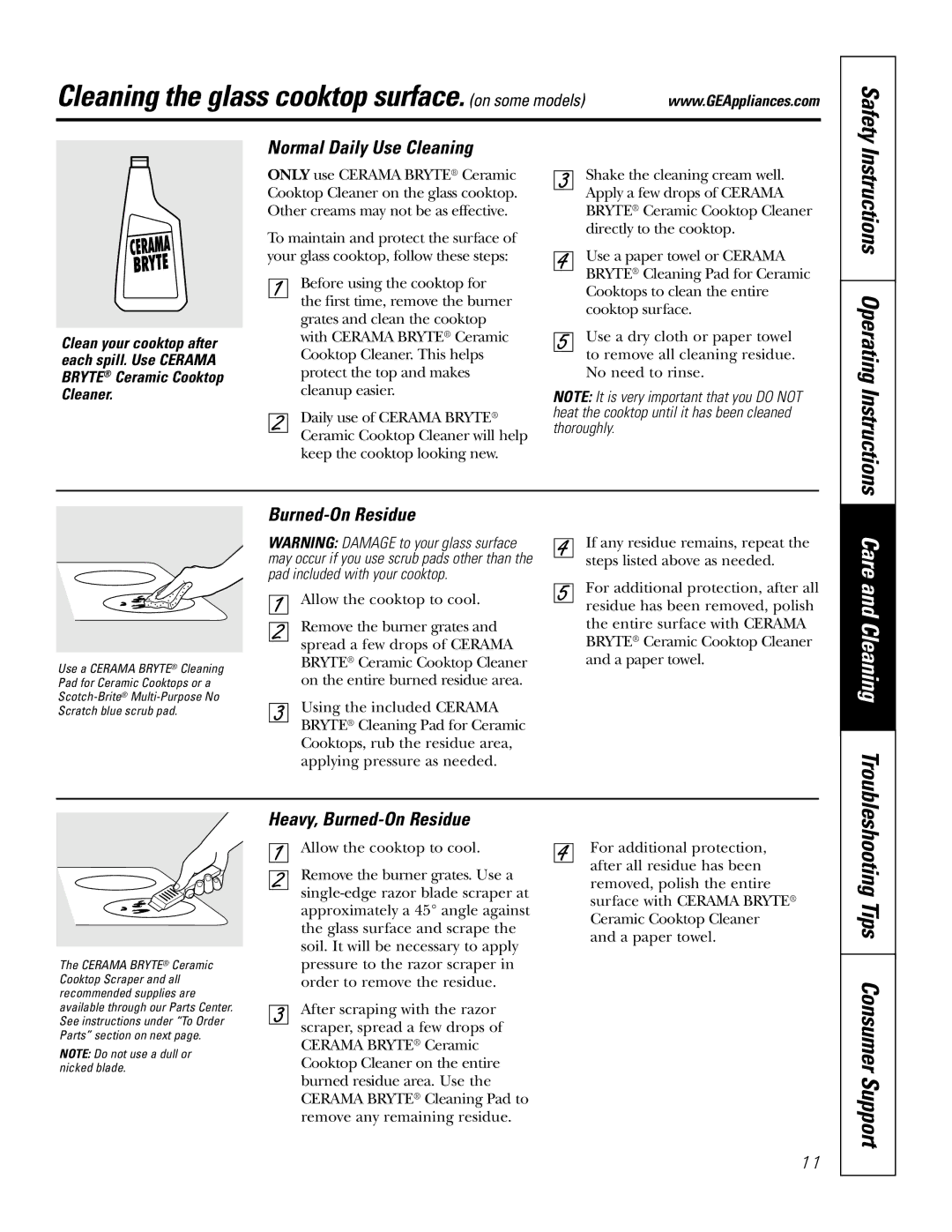 GE JGP932, JGP328 Care and Cleaning, Instructions Operating Instructions, Normal Daily Use Cleaning, Burned-On Residue 