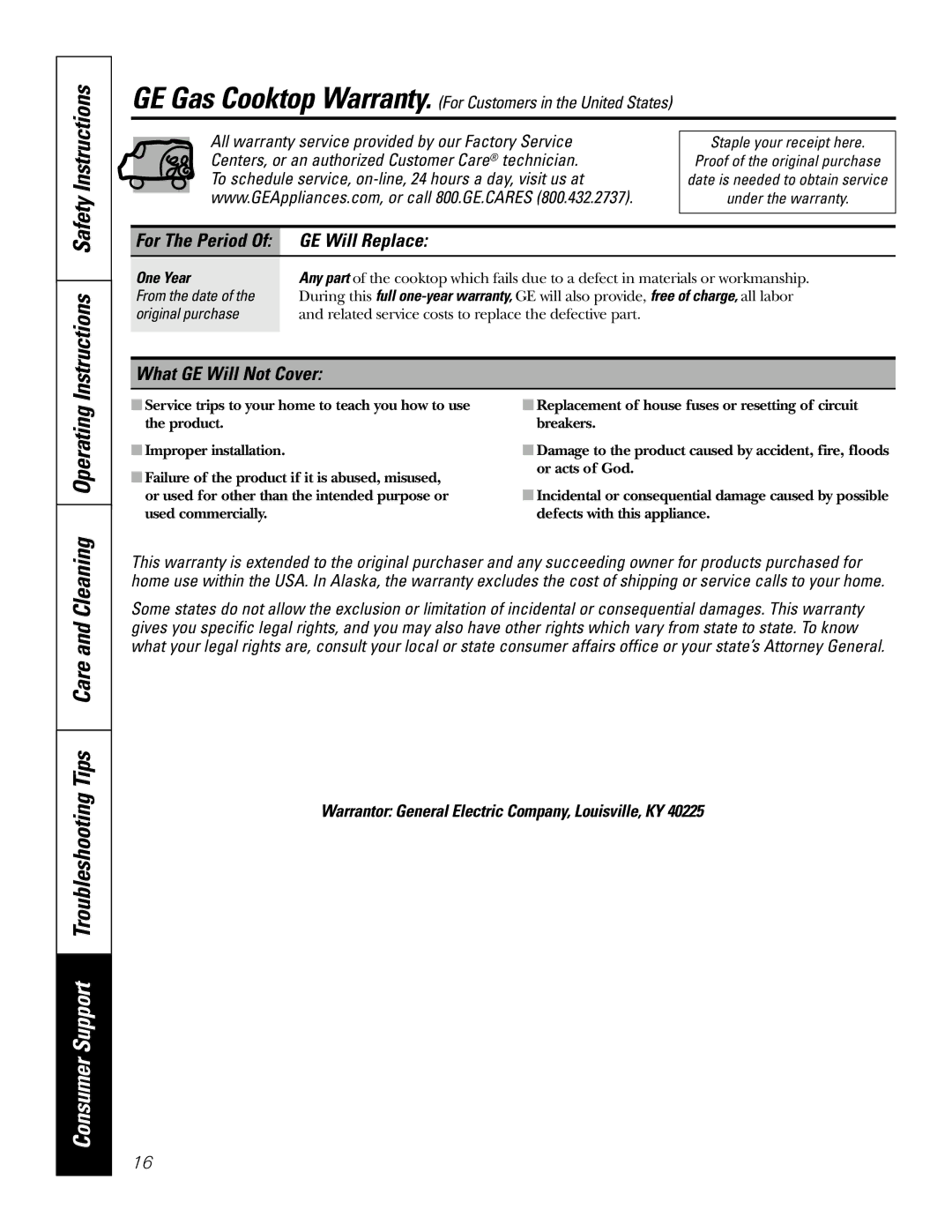 GE JGP963 Instructions Safety Instructions, Consumer Support Troubleshooting Tips Care and Cleaning, GE Will Replace 