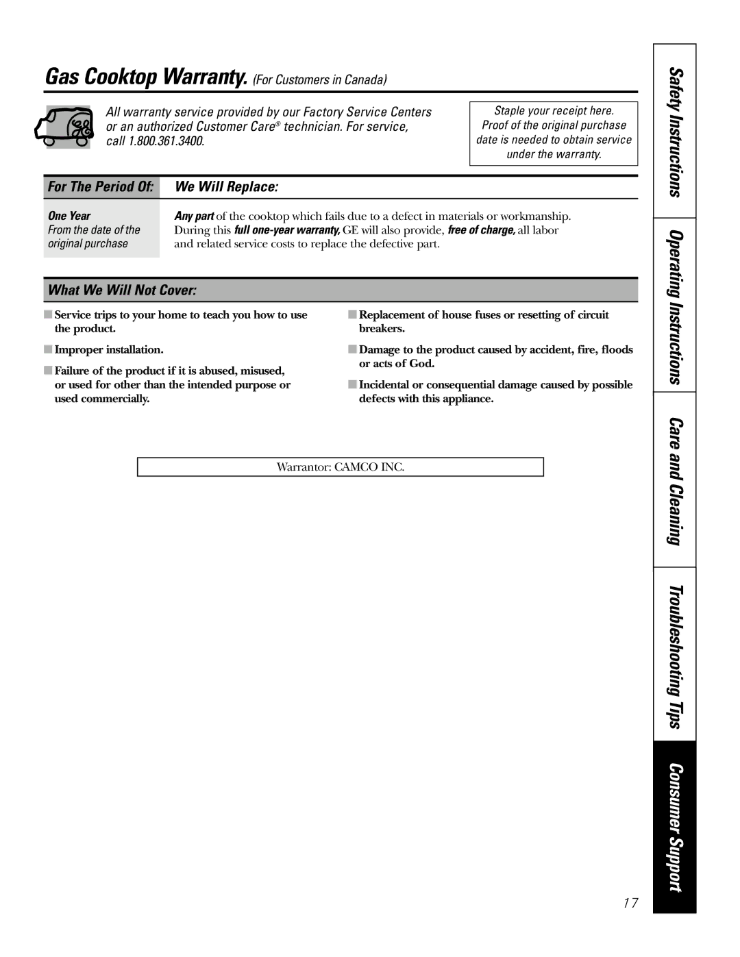 GE JGP932, JGP328, JGP628 Instructions Care, Cleaning Troubleshooting Tips Consumer Support, Safety Instructions Operating 