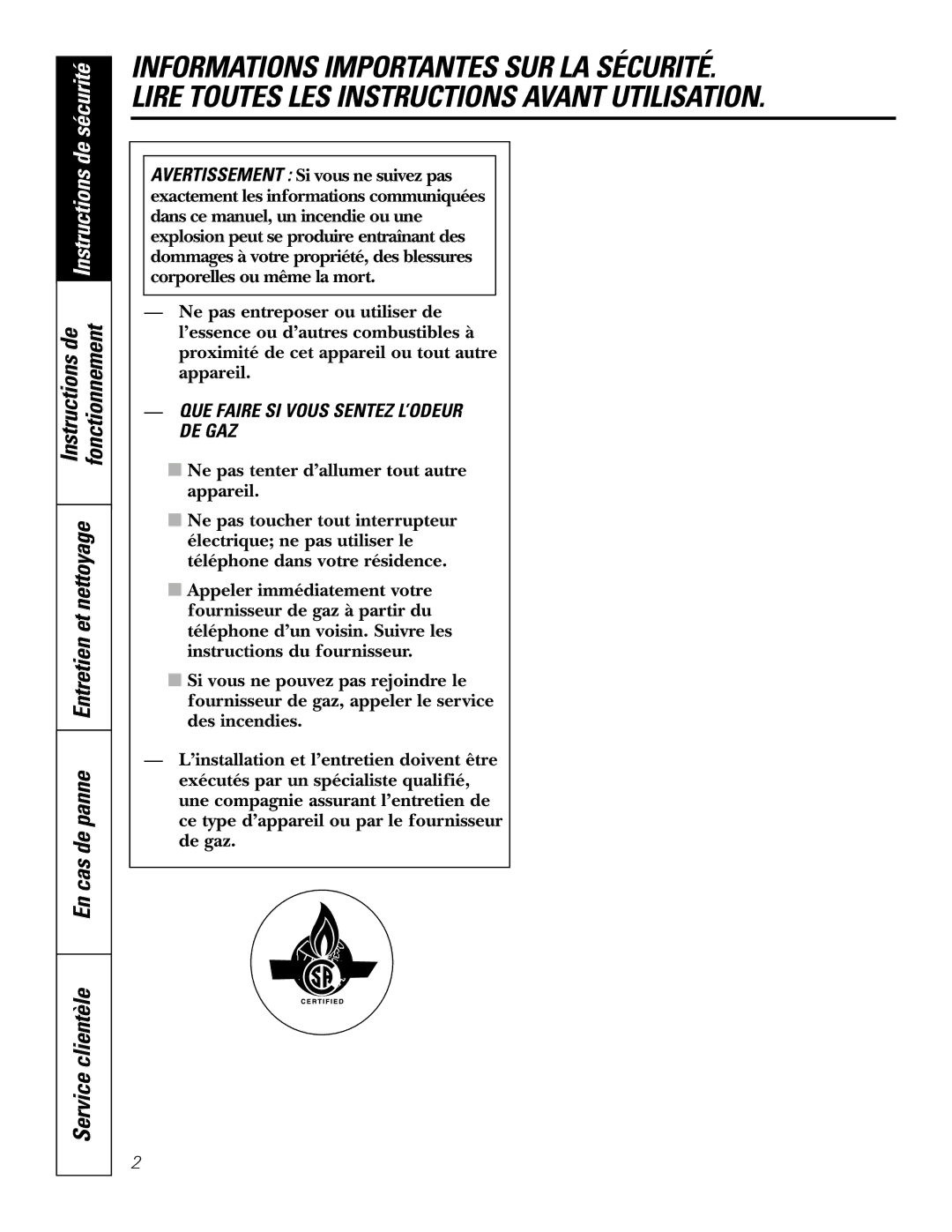 GE JGP962, JGP328, JGP628, JGP933, JGP963, JGP932 owner manual QUE Faire SI Vous Sentez L’ODEUR DE GAZ 