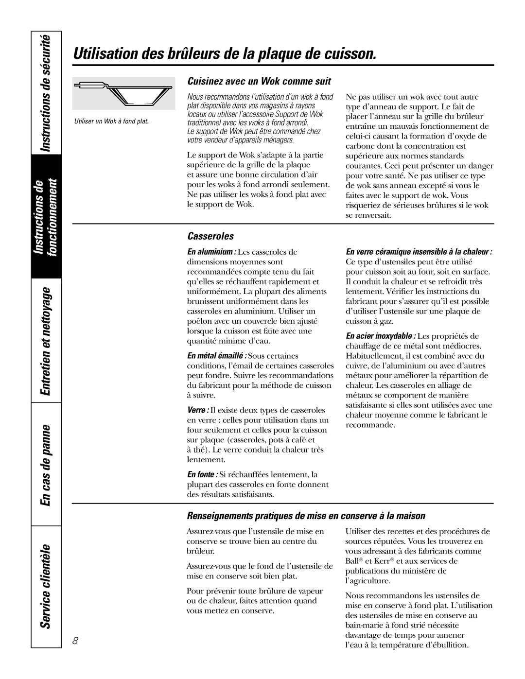 GE JGP962 Utilisation des brûleurs de la plaque de cuisson, Sécurité, En cas de panne Entretien et nettoyage, Casseroles 