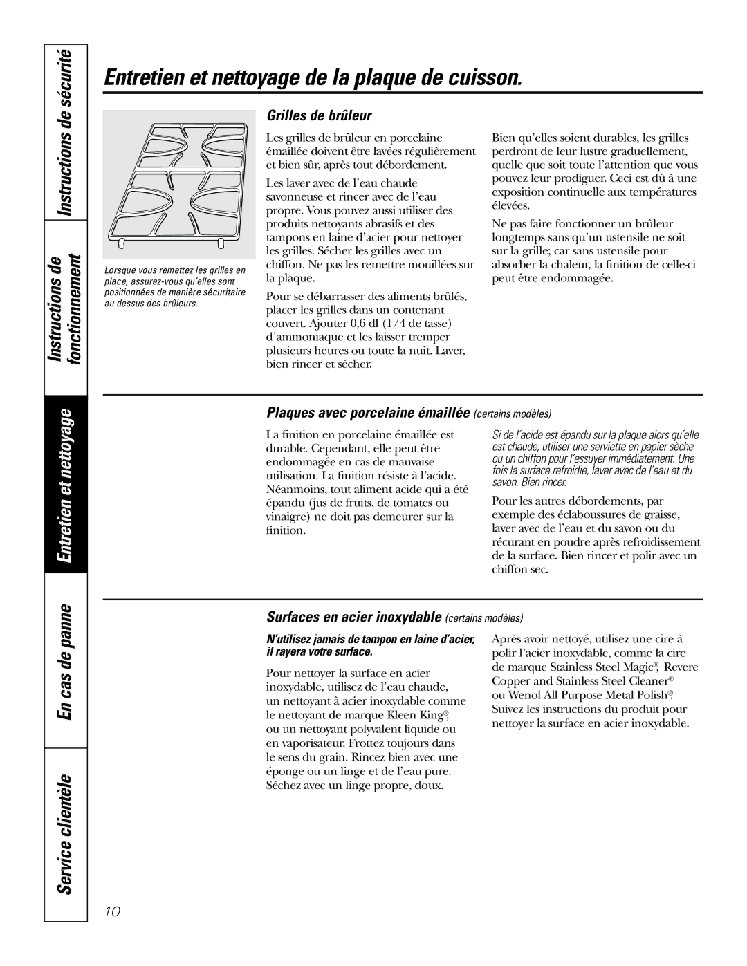 GE JGP963, JGP328, JGP628, JGP962, JGP933 Entretien et nettoyage de la plaque de cuisson, Instructions de, Grilles de brûleur 