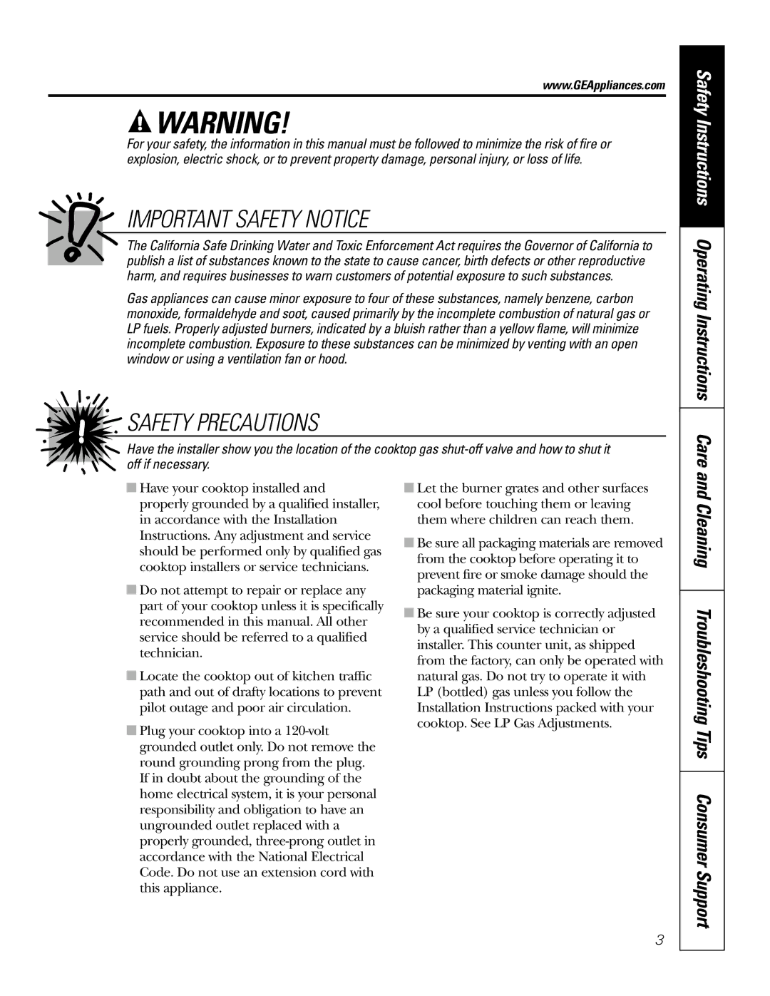 GE JGP933, JGP328, JGP628 Important Safety Notice, Safety Precautions, Safety Instructions Operating Instructions Care 