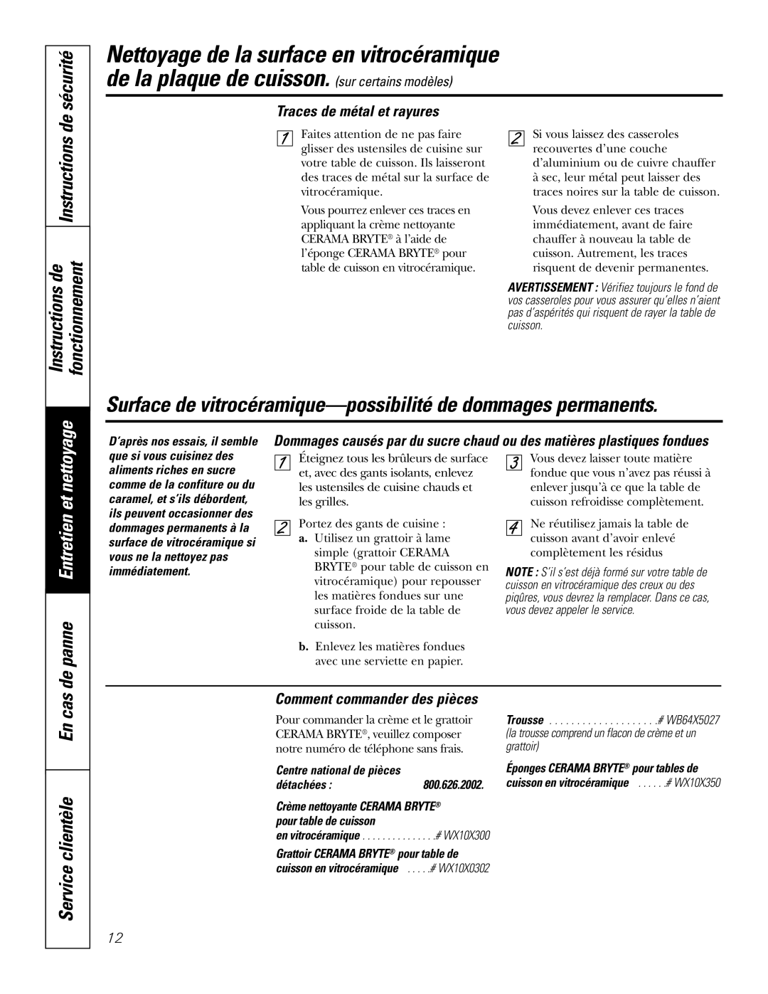 GE JGP328, JGP628, JGP962 Traces de métal et rayures, Comment commander des pièces, ’après nos essais, il semble, Détachées 