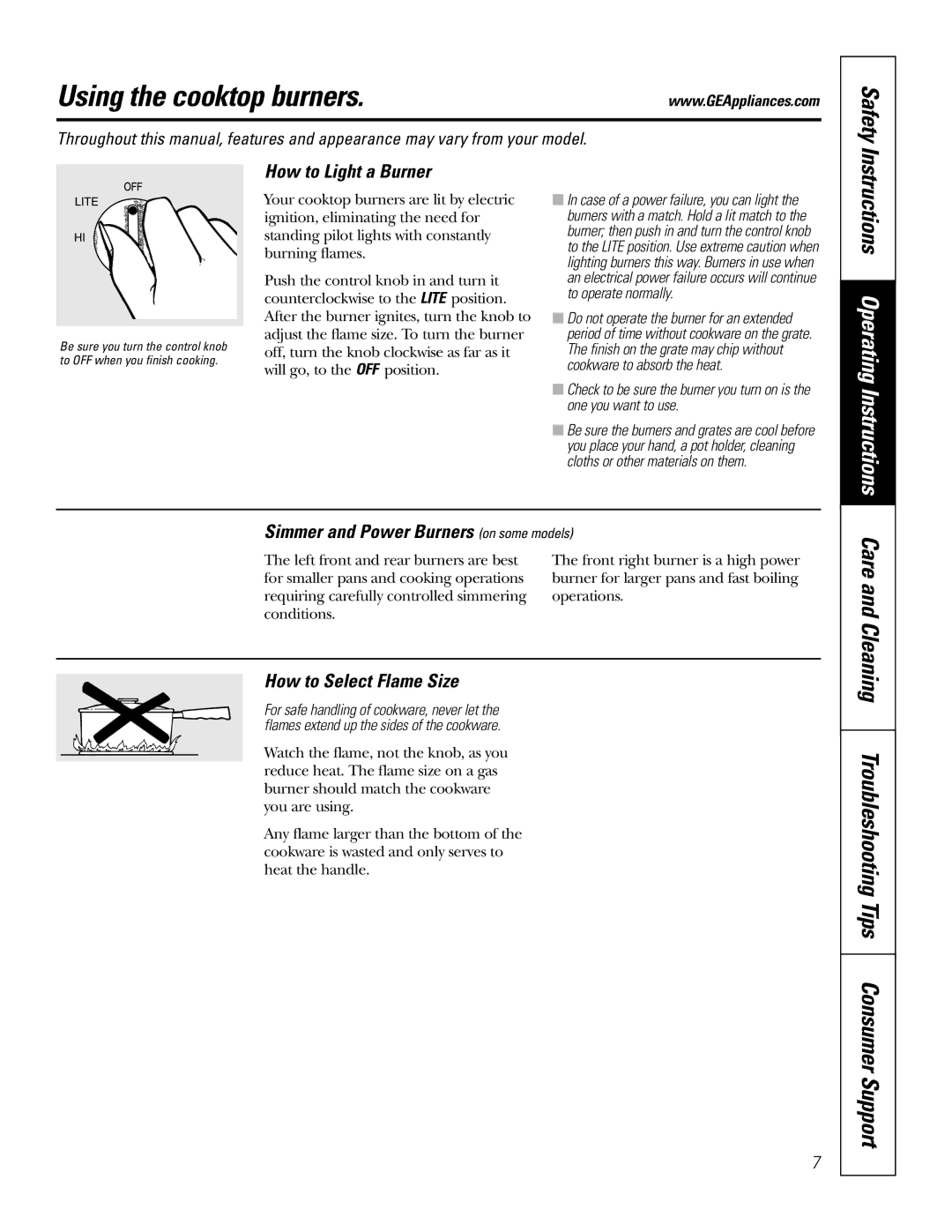GE JGP628, JGP328, JGP962, JGP933 Using the cooktop burners, Safety, Care and Cleaning Troubleshooting Tips Consumer Support 