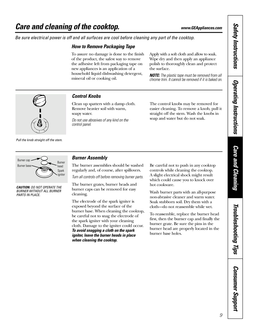 GE JGP933, JGP328, JGP628 Care and cleaning of the cooktop, Instructions Care, How to Remove Packaging Tape, Control Knobs 