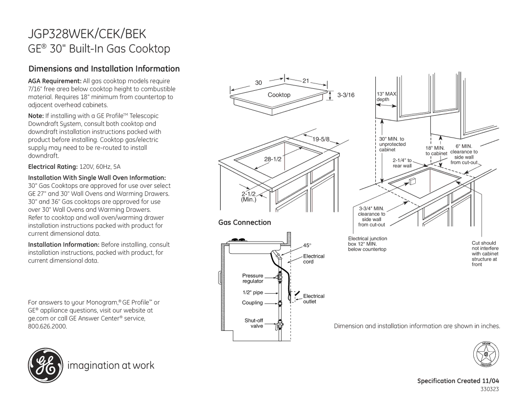 GE dimensions JGP328WEK/CEK/BEK, GE 30 Built-In Gas Cooktop, Dimensions and Installation Information 