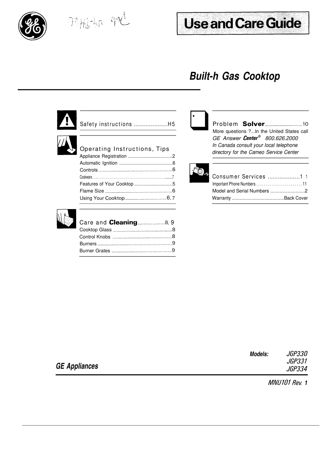 GE JGP331, JGP330, JGP334 warranty Built-h Gas Cooktop 