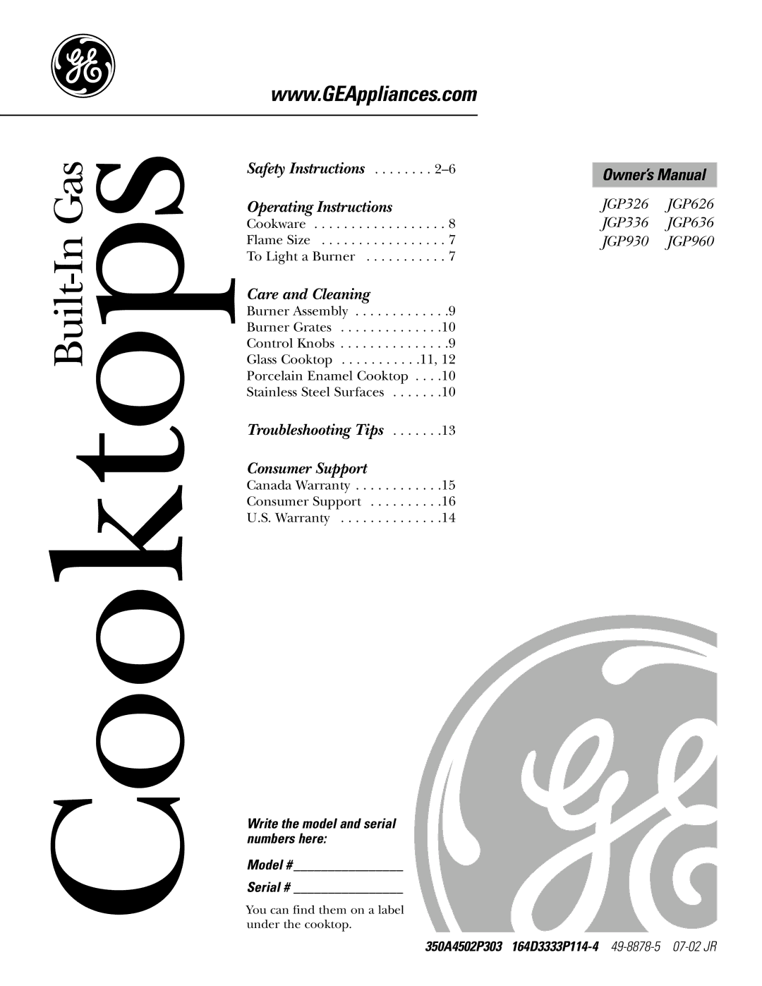 GE JGP326, JGP336, JGP626, JGP960, JGP930, JGP636 owner manual CooktopsBuilt-In Gas 