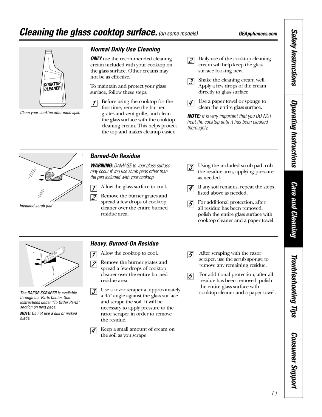 GE JGP636, JGP336, JGP326 Cleaning the glass cooktop surface. on some models, Normal Daily Use Cleaning, Burned-On Residue 