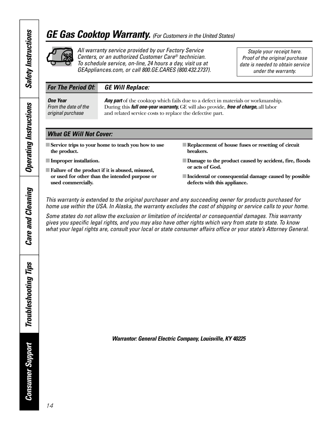 GE JGP626, JGP336, JGP326, JGP960, JGP930 Instructions Safety Instructions, GE Will Replace, What GE Will Not Cover, One Year 